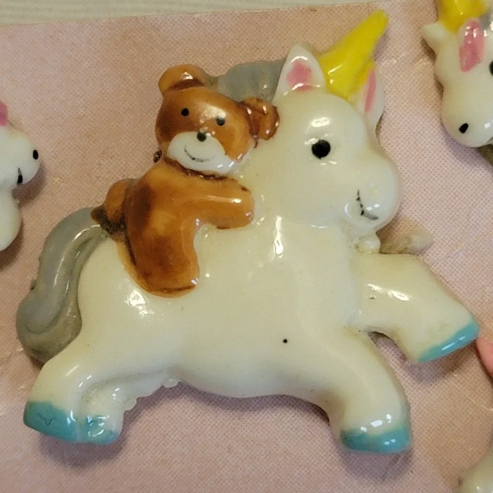 VTG 80s Unicorn Earrings Pin Set 2 Pairs Teddy Bear Girls Post Stud Jewelry Gift
